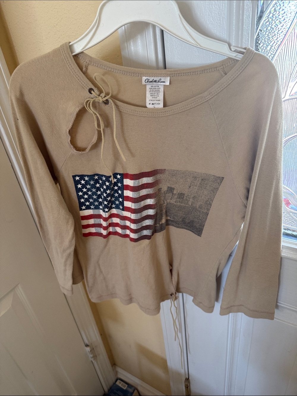 Charlie Rose Beige American Flag Long Sleeve Top
